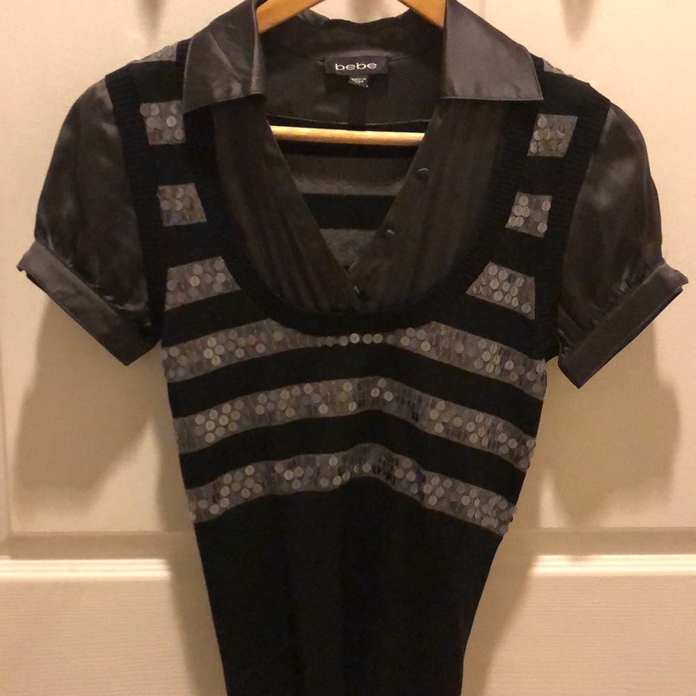 Grey/Black Sequence silk BEBE blouse